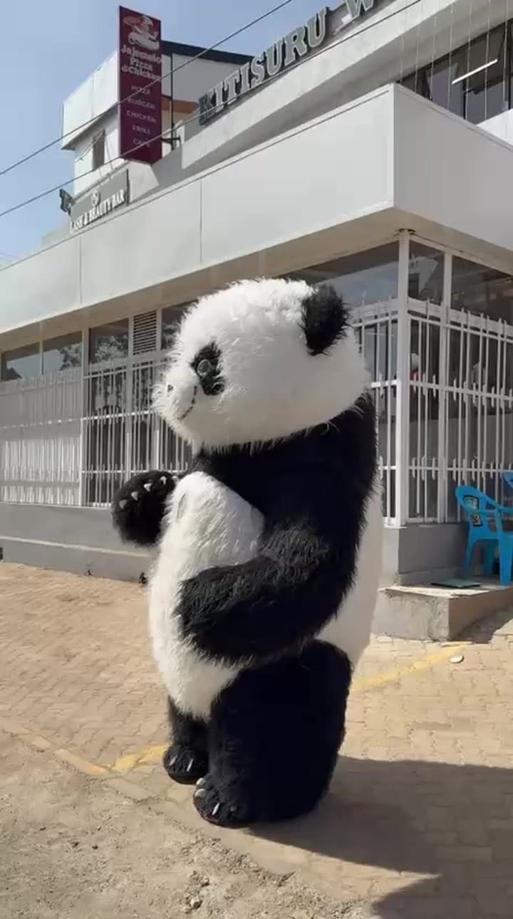 A life-size panda mascot from Chell Mascots Kenya greeting guests at an event in Nairobi