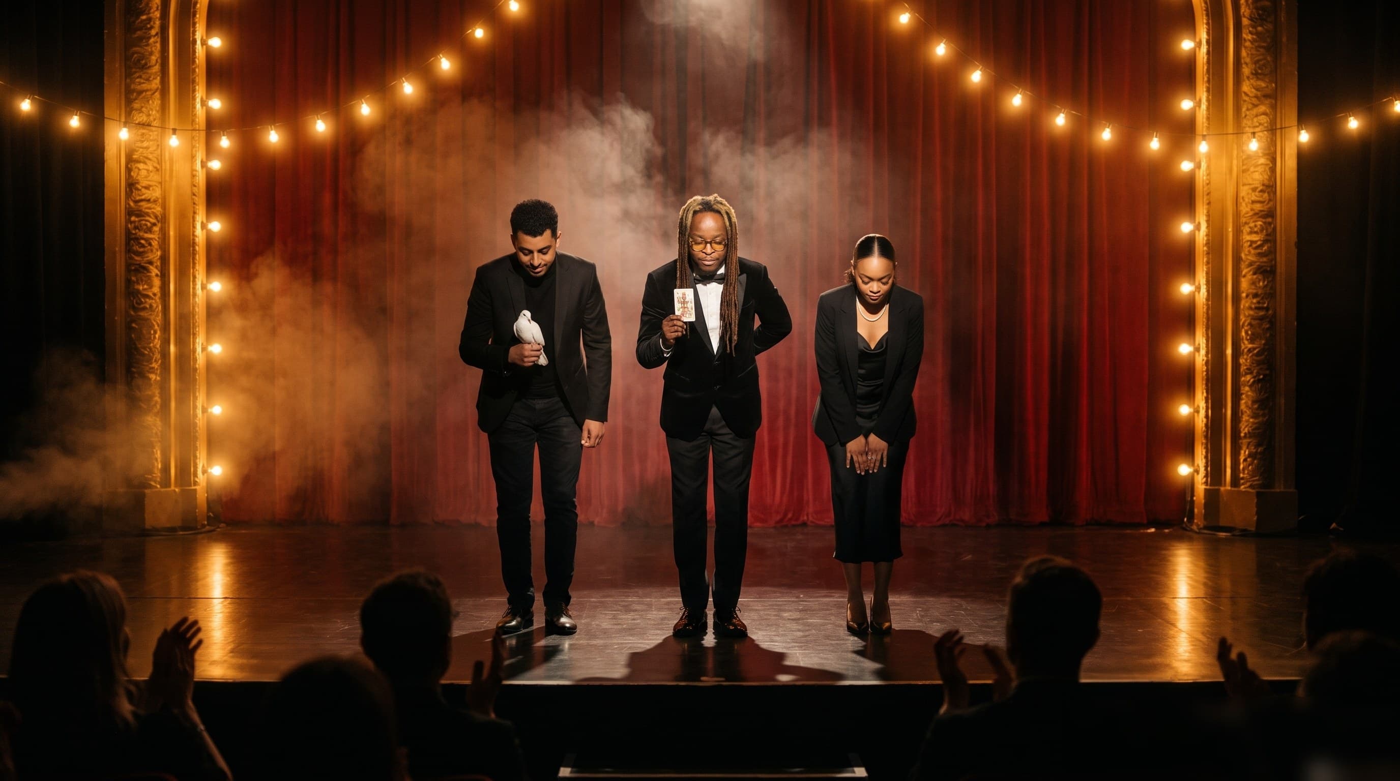 The Mirabelle trio — Chell the Magician, Muoka the Illusionist and Claire the Hypnotist — taking their bow on a theatre stage
