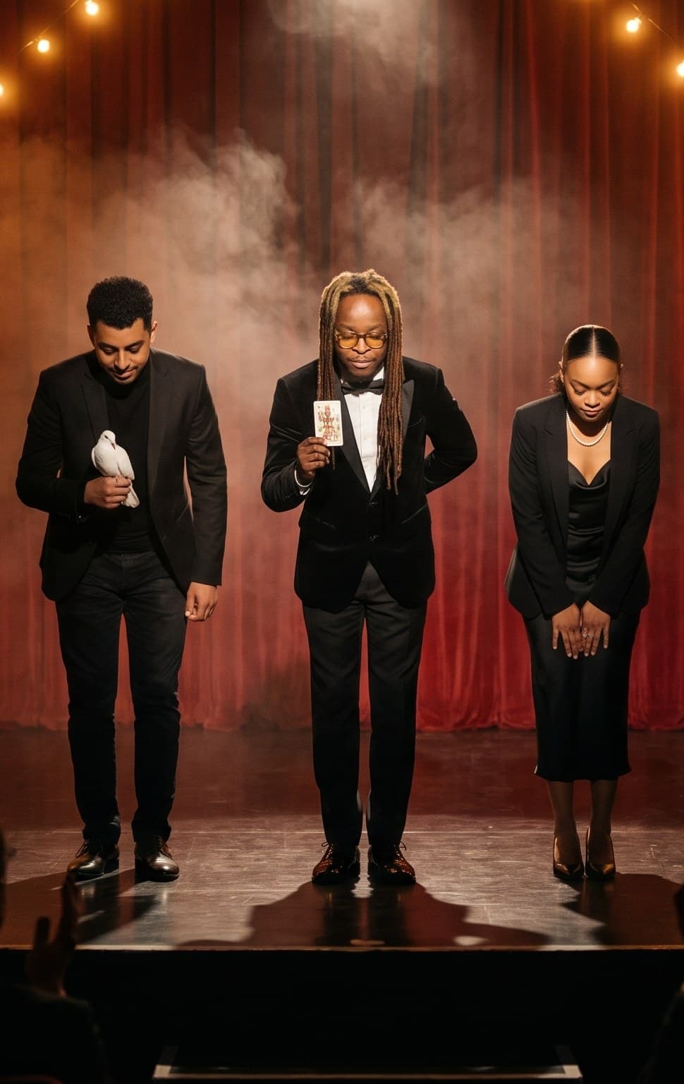 The Mirabelle trio — Chell the Magician, Muoka the Illusionist and Claire the Hypnotist — taking their bow on a theatre stage
