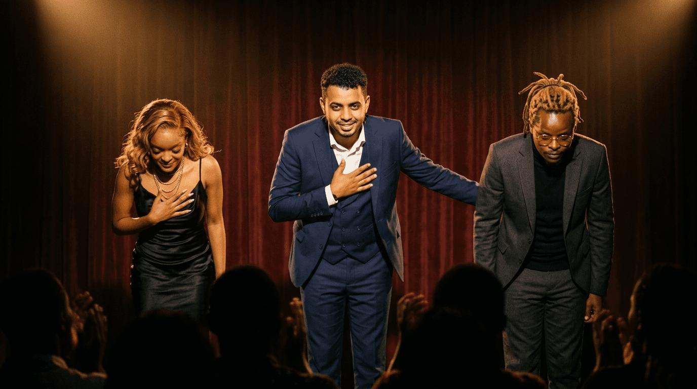 Muoka the Illusionist, Chell the Magician and Claire the Hypnotist taking a bow together on a dark stage