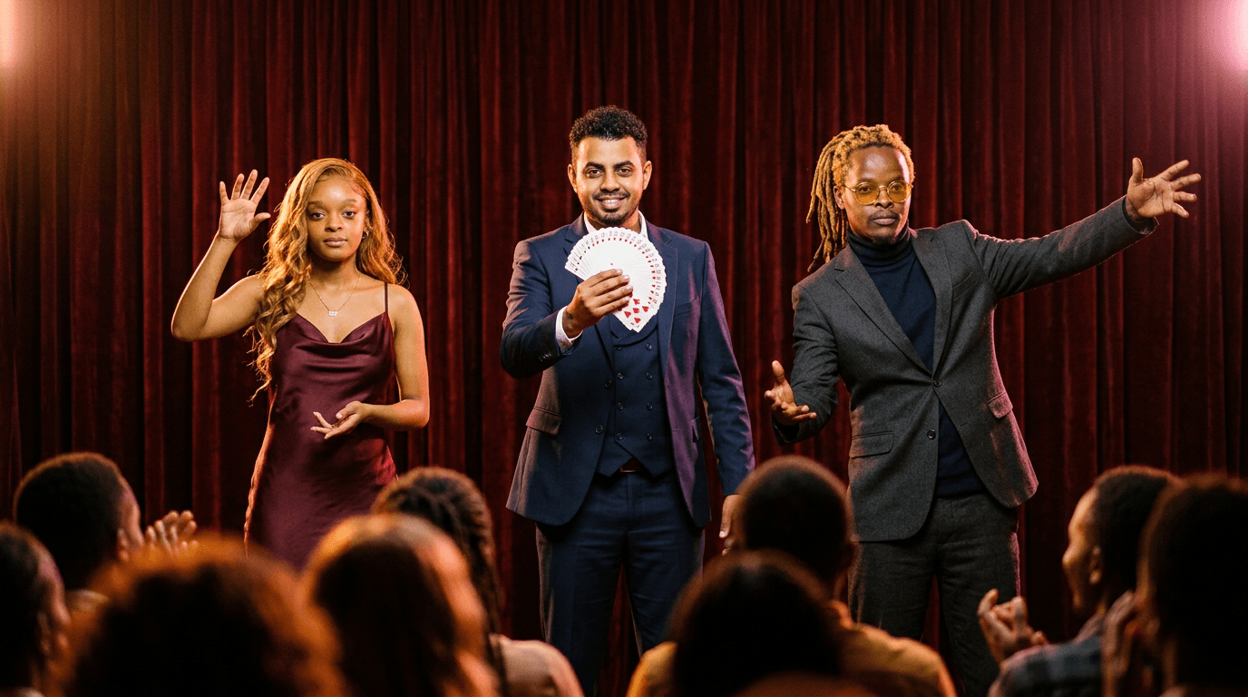 The three artists on stage together — Claire the Hypnotist, Chell the Magician, Muoka the Illusionist