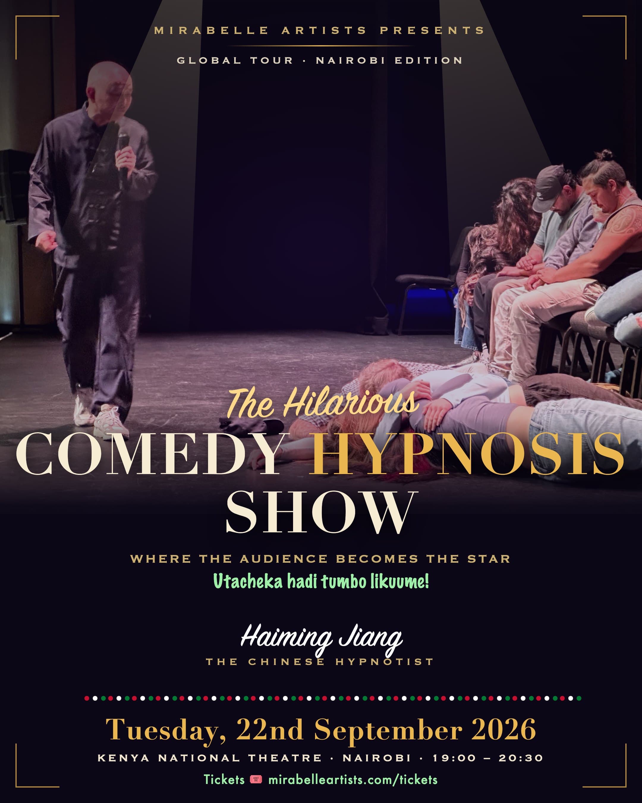 Official poster — The Hilarious Comedy Hypnosis Show, Haiming Jiang, Tuesday 22 September 2026, 19:00–20:30, Kenya National Theatre, Nairobi