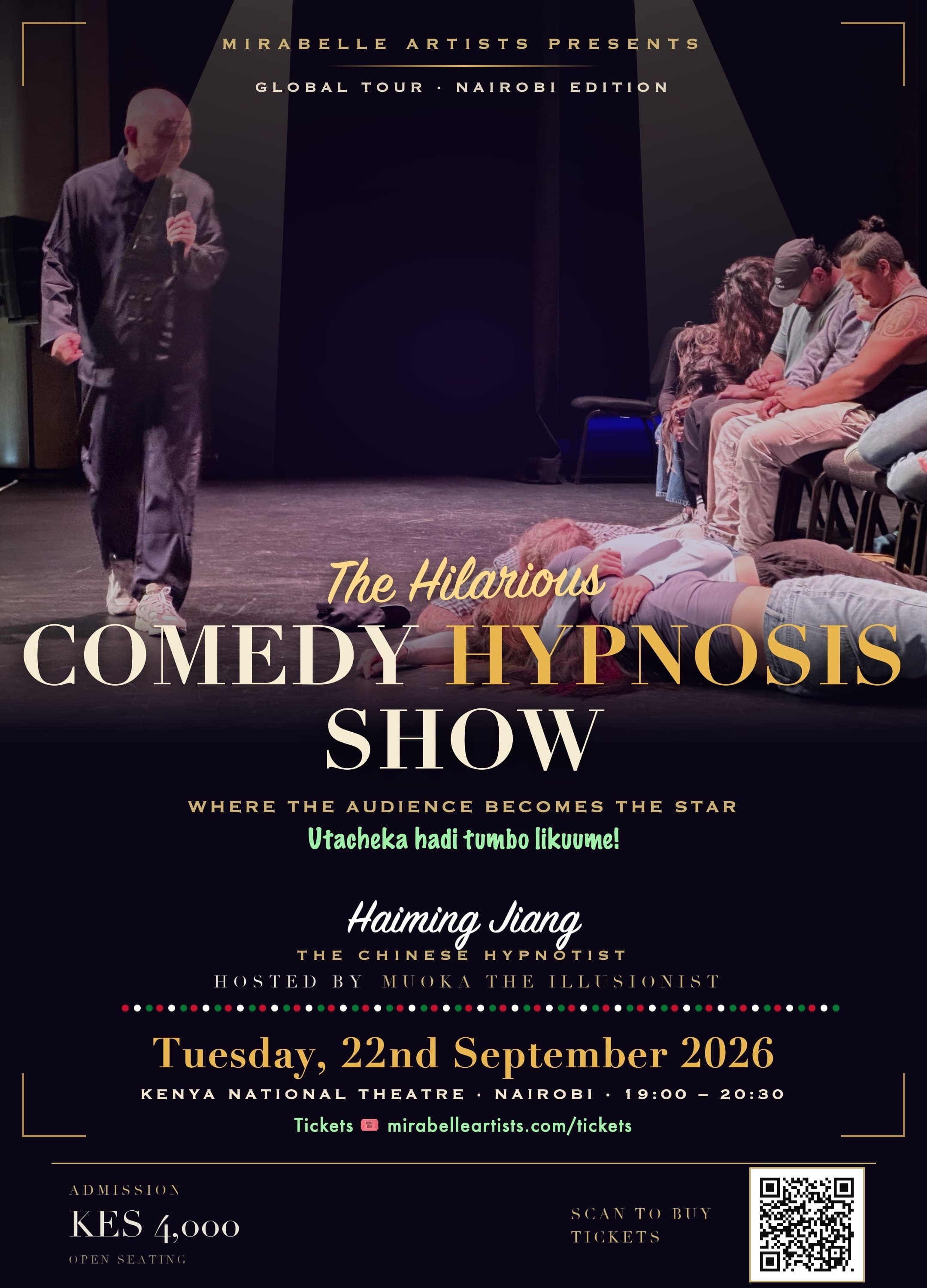 Official poster — The Hilarious Comedy Hypnosis Show, Haiming Jiang, Tuesday 22 September 2026, 19:00–20:30, Kenya National Theatre, Nairobi