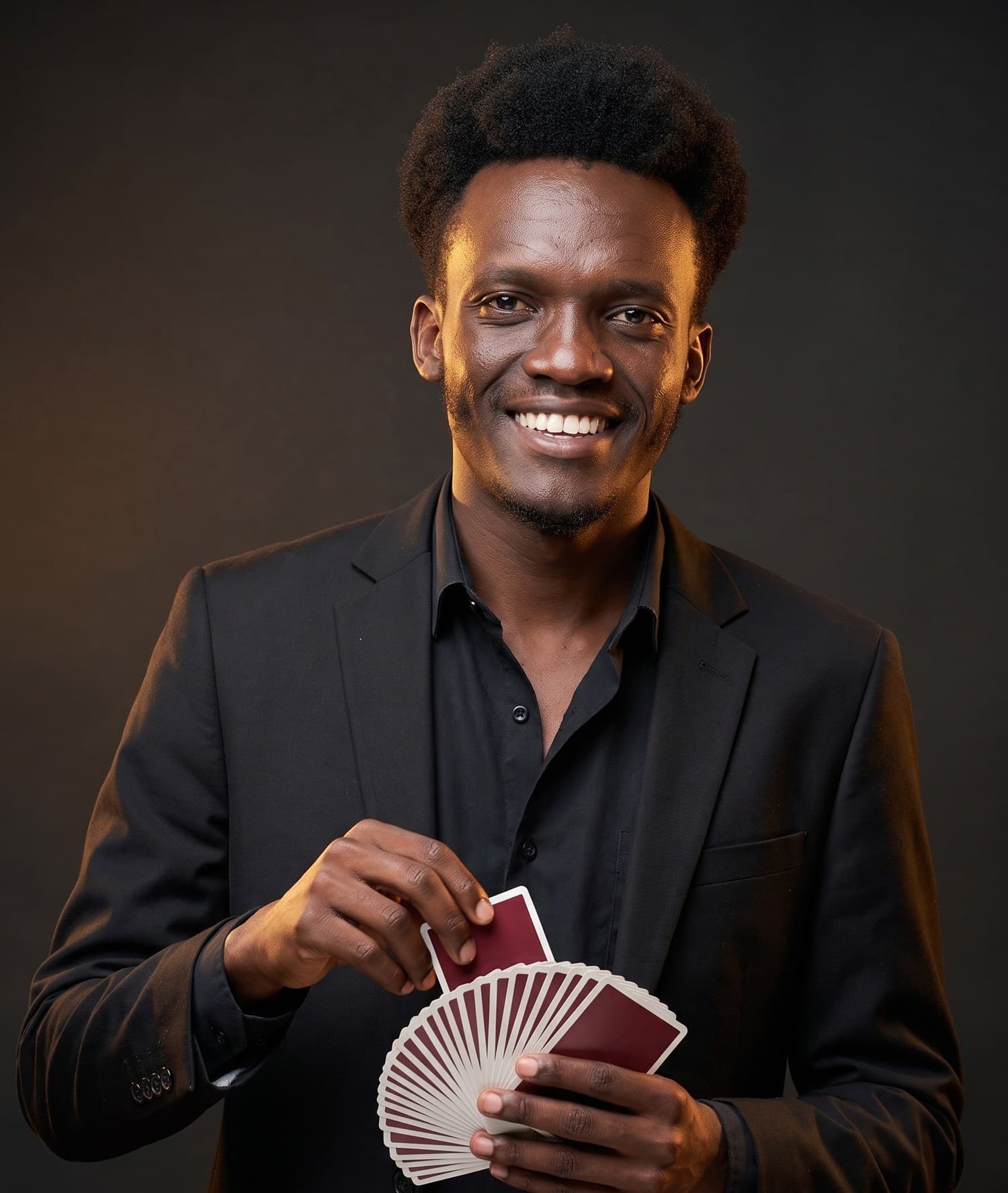 Charisma the Magician in a black suit, smiling, fanning a deck of playing cards