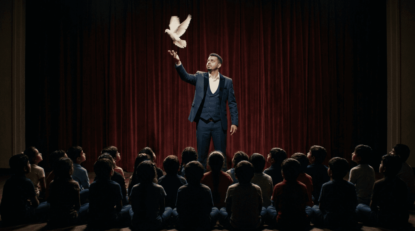Chell on stage releasing a dove, forty children in silhouette on the auditorium floor