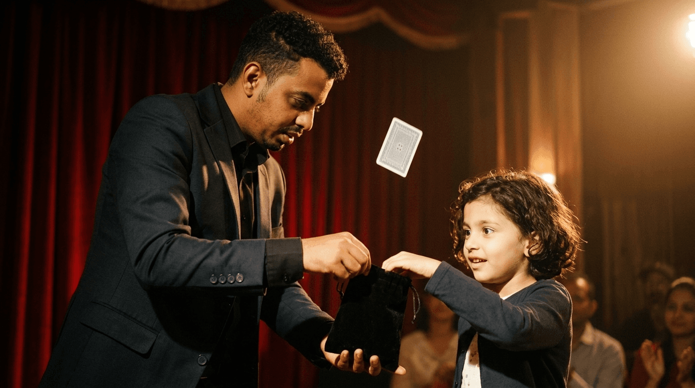 Chell — opening a small velvet pouch to a child reaching in, a single card hanging in midair behind