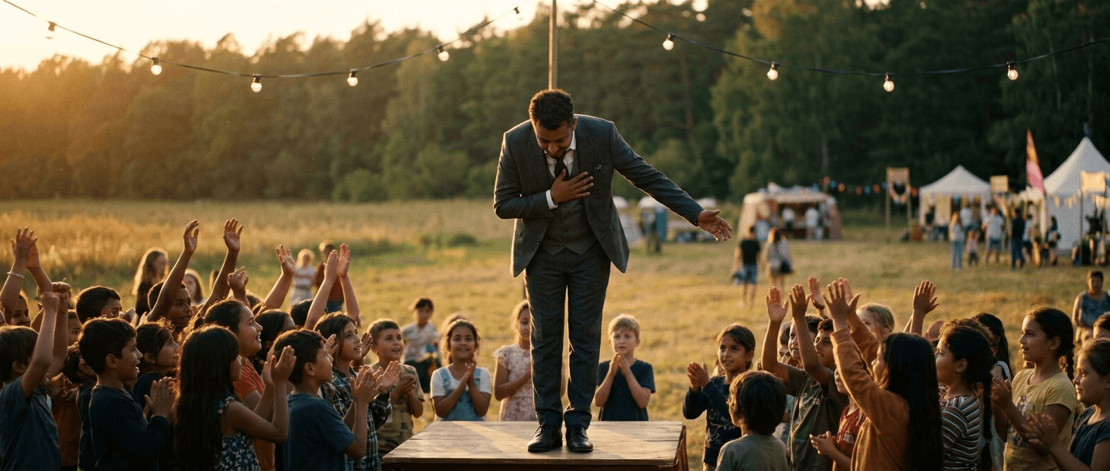 Chell — taking a bow at golden hour on a small festival stage, children silhouetted in applause