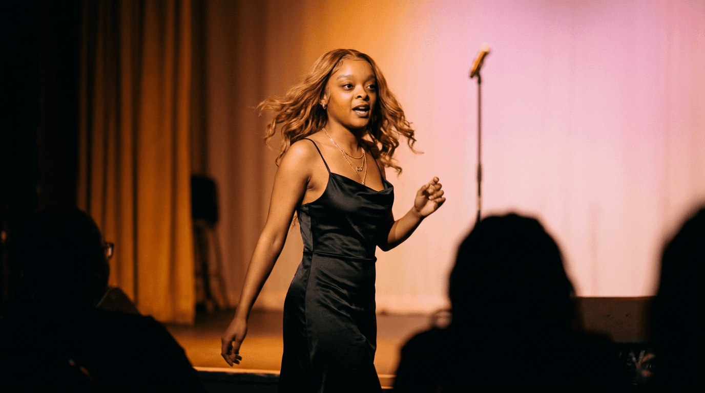 Claire the Hypnotist — mid-performance on stage