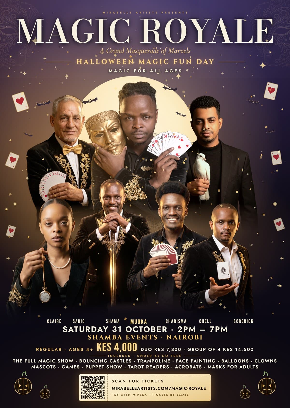 Official Magic Royale poster: Halloween Magic Fun Day, magic for all ages. Muoka the Illusionist with Sadiq, Chell, Claire, Shama, Charisma and Screbick. Saturday 31 October 2026, 2 PM to 7 PM, Shamba Events, Nairobi. Regular KES 4,000 for anyone aged 4 and up, duo KES 7,300, group of four KES 14,500, under 4s free.