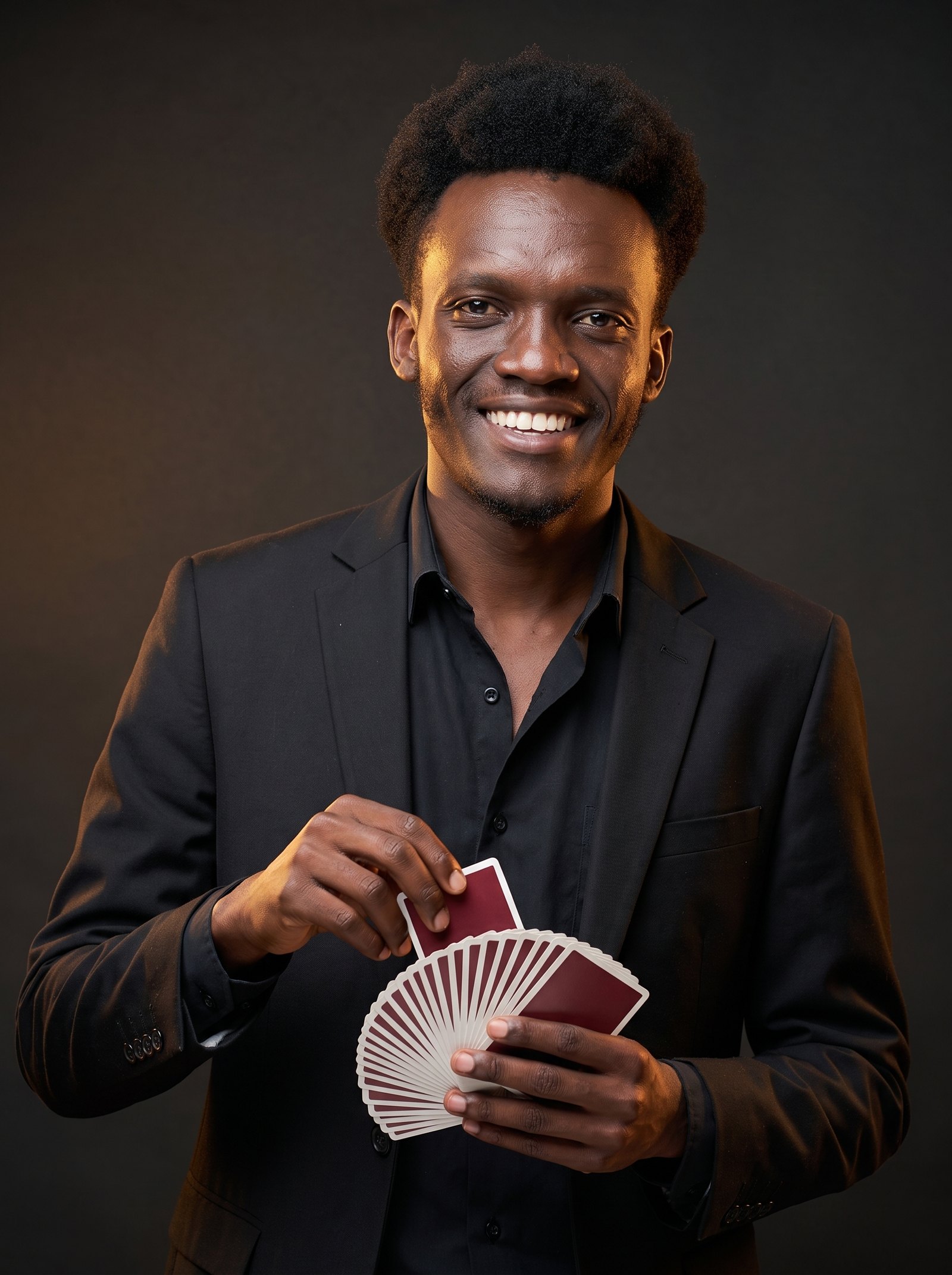 Charisma the Magician in a black suit, smiling, fanning a deck of playing cards